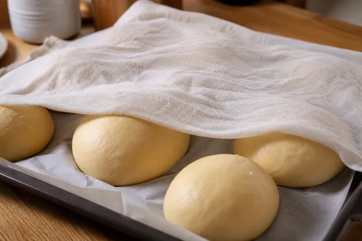 Puffy brioche rolls proofing under a damp towel on lined tray