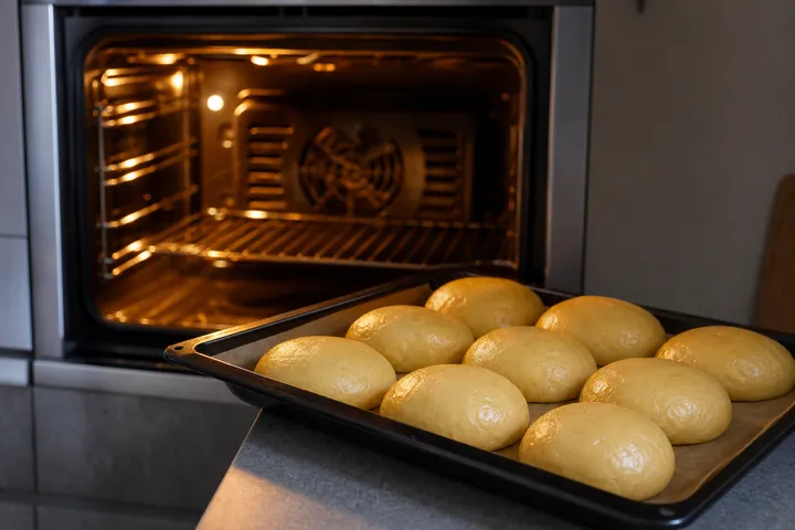Preheated oven beside a tray of risen brioche rolls