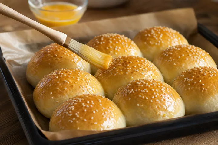 Brioche rolls brushed with egg and sprinkled with sesame seeds