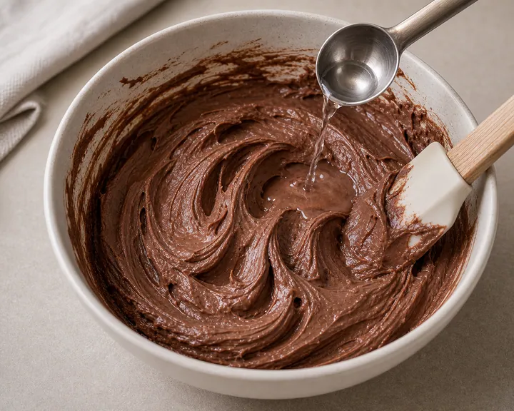 Se agrega agua al glaseado de chocolate para ajustar la textura suave y untable, imagen fotorrealista del paso del libr