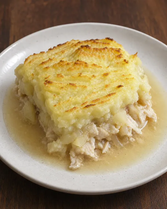 Hot Rappie pie serving with chicken broth