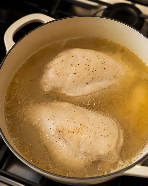 Chicken breasts poaching in chicken broth