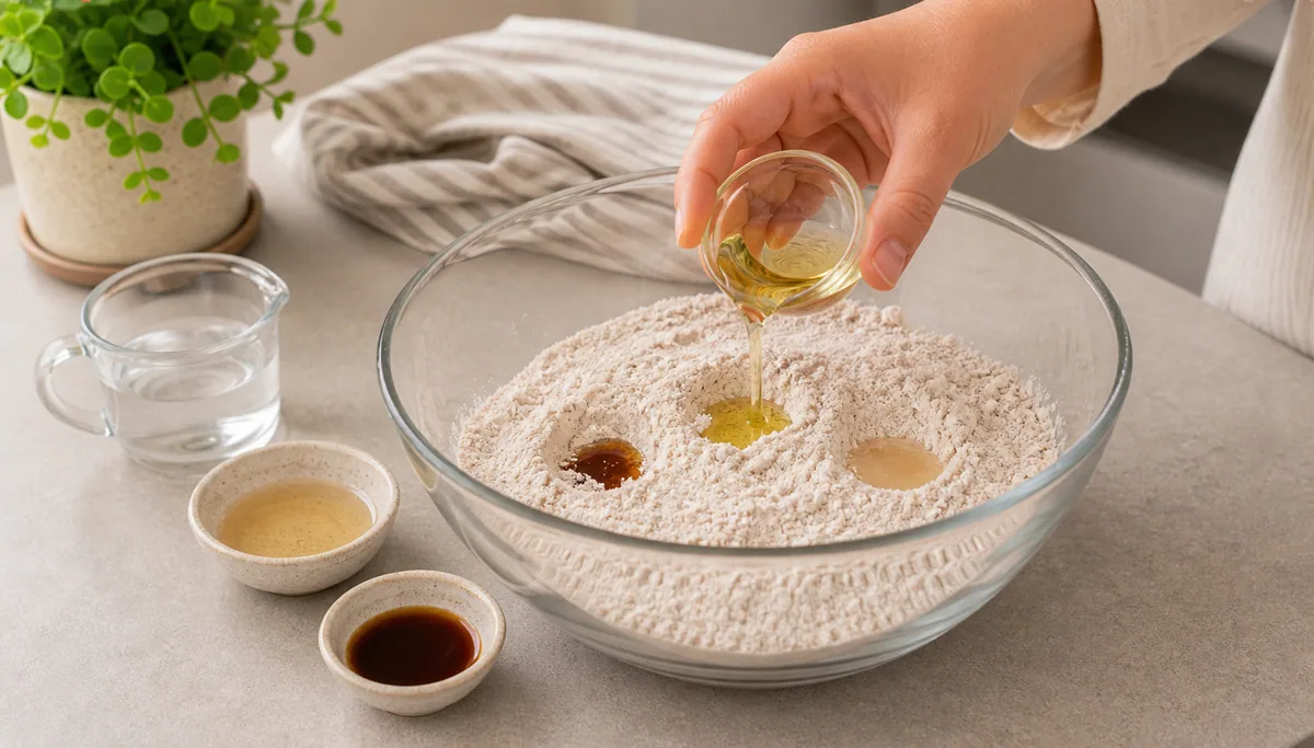 שמן וסירופים מתווספים לקערת קמח