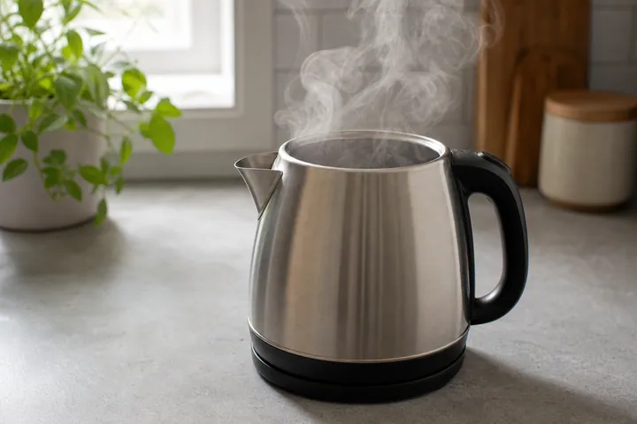 Una tetera con agua recién hervida soltando vapor