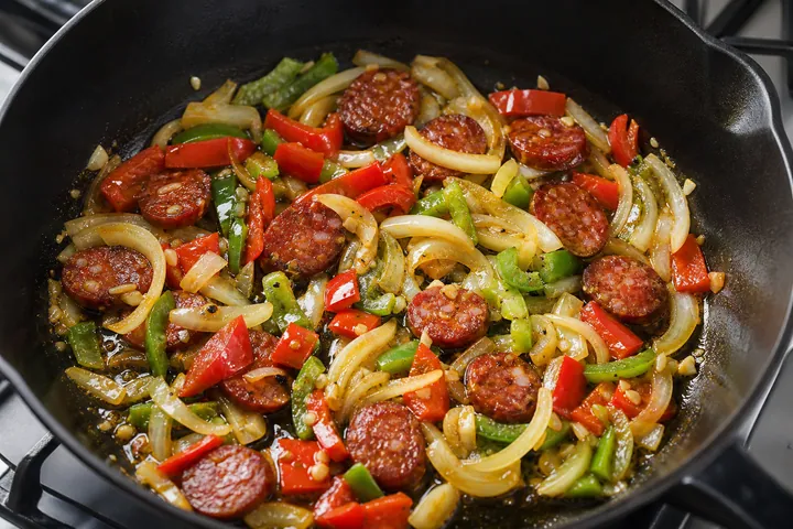 Cebolla, pimientos, chorizo y ajo sofriéndose en una sartén honda