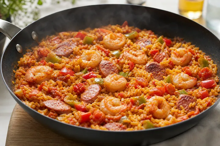 Arroz español terminado con gambas rosadas, pimientos y chorizo