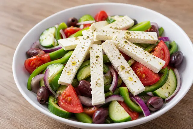 Paso 3 de preparación: Ensalada griega con pepino, pimiento verde, tomate, aceitunas y feta