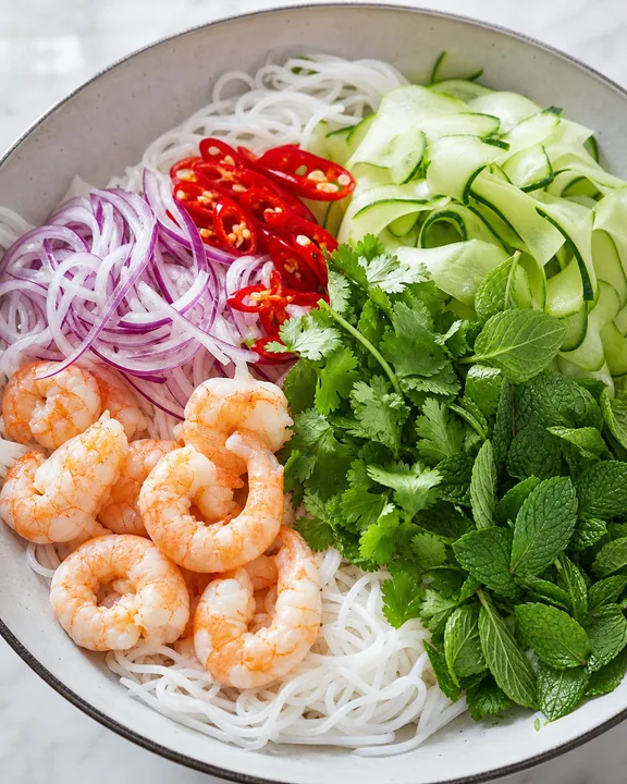 Лапша с креветками и овощами