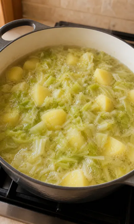 Col y patatas cociéndose en una olla