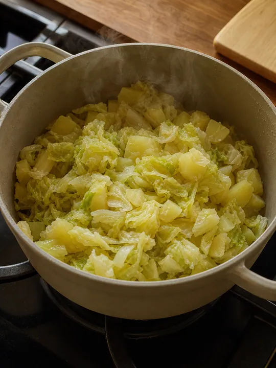 Col y patatas secándose en una olla a fuego bajo