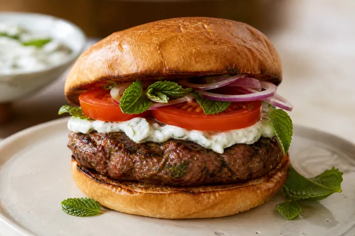 Lamb burger assembled with tzatziki, tomato, red onion, and mint
