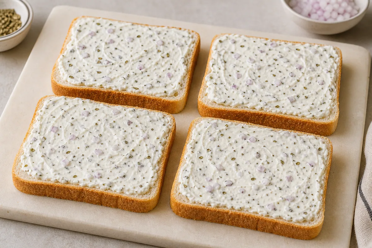 Lasagna sandwiches. Step 2: Spread the sour cream and herb mixture onto four slices of bread; photorealistic culinary q