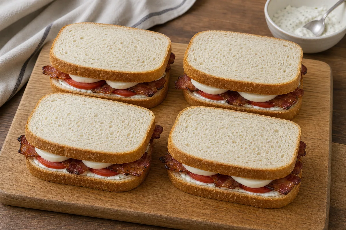 Lasagna sandwiches, step 4: cover the sandwiches with the remaining slices of bread; photorealistic culinary quality; w