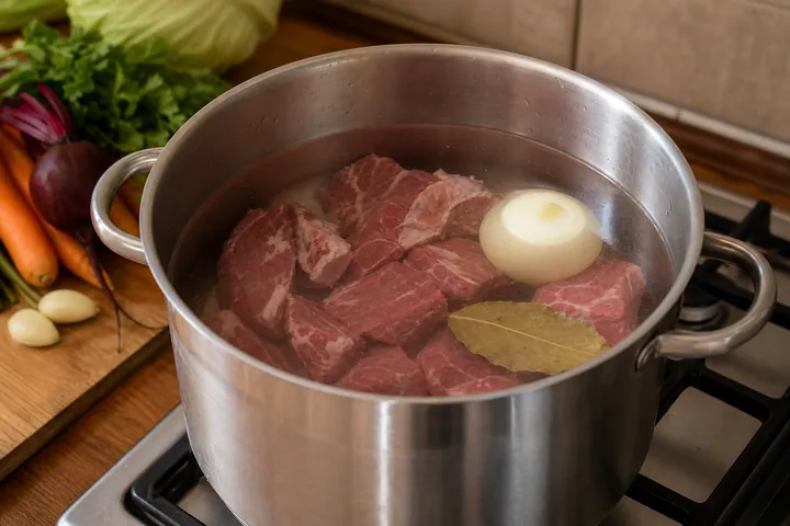 Stockpot with beef, onion, bay leaf, and cold water