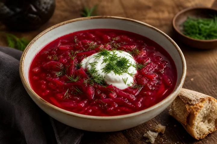Bowl of borsch with sour cream, dill, and crusty bread