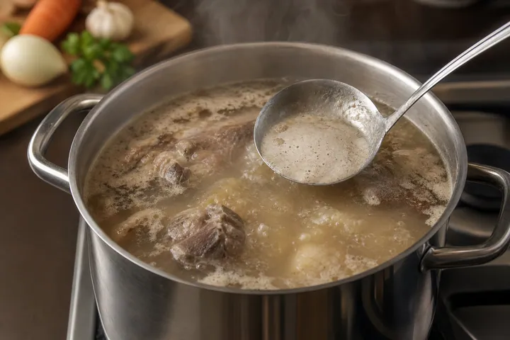 Gently simmering beef broth with foam skimmed by a ladle
