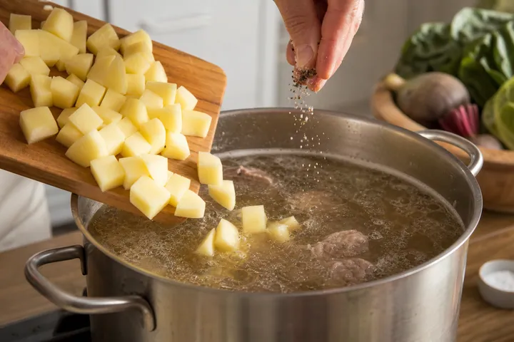 Diced potatoes added to beef broth with salt and pepper