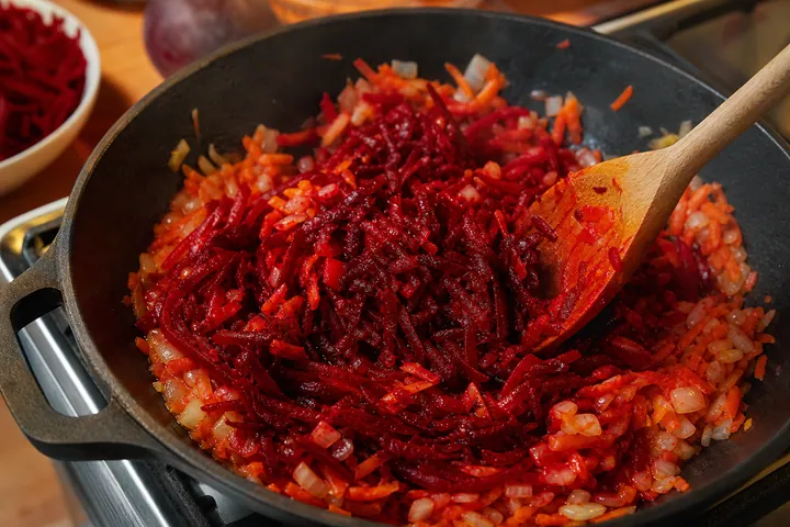 Grated beetroot stirred into onion and carrot in a skillet