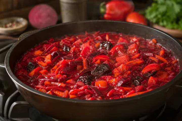 Bell pepper, tomatoes, and prunes simmering with beet vegetables