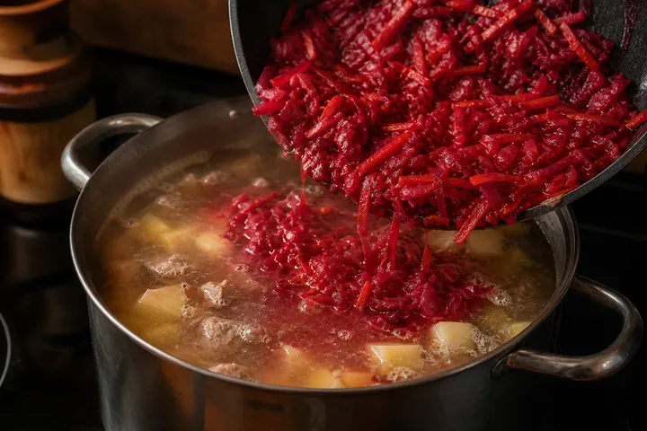 Ruby beet vegetables poured into beef broth with potatoes