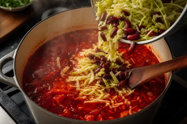 Shredded cabbage and red beans added to simmering borsch