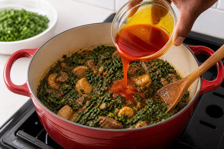 Salsa roja vertida en una olla con carne y verduras verdes