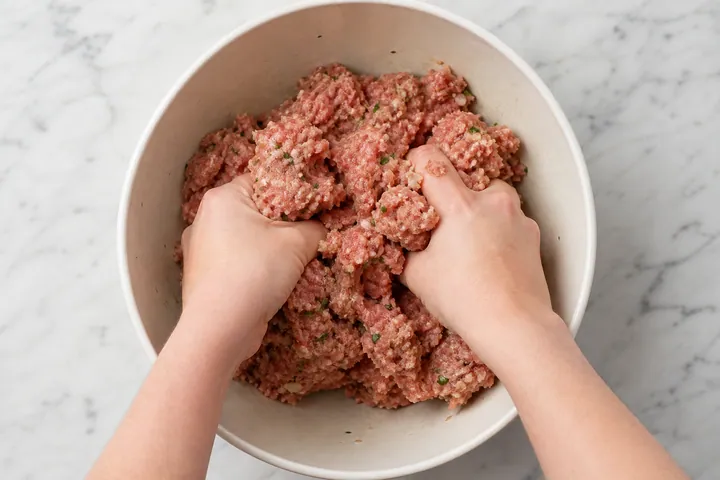 Руками хорошо перемешайте приправленную мясную смесь в большой миске.