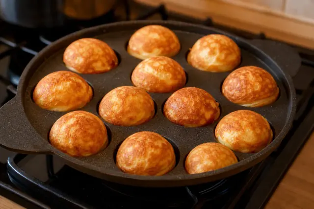 Bolas de aebleskiver doradas por todos lados en la sartén