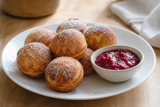 Bolas doradas de aebleskiver con azúcar glas y mermelada de frambuesa
