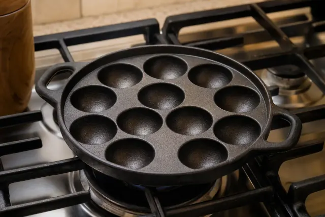 Sartén para aebleskiver calentándose en la cocina