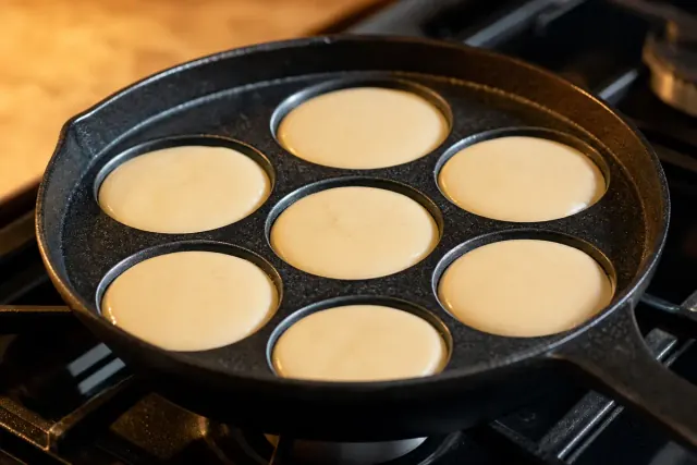 Cavidades engrasadas de la sartén de aebleskiver llenas de masa