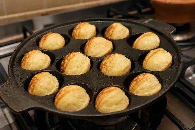 Bolas de aebleskiver girando en las cavidades mientras se fríen
