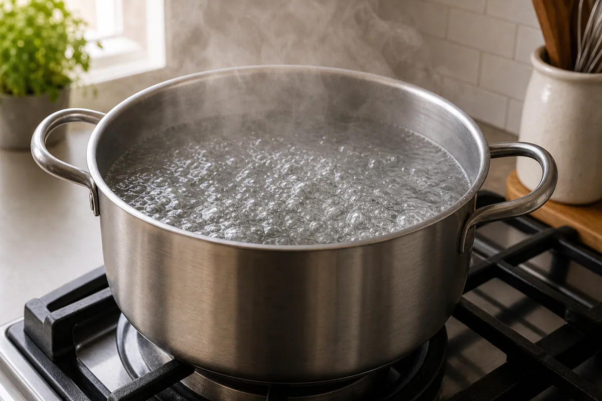 Agua hirviendo en una olla grande para pasta.