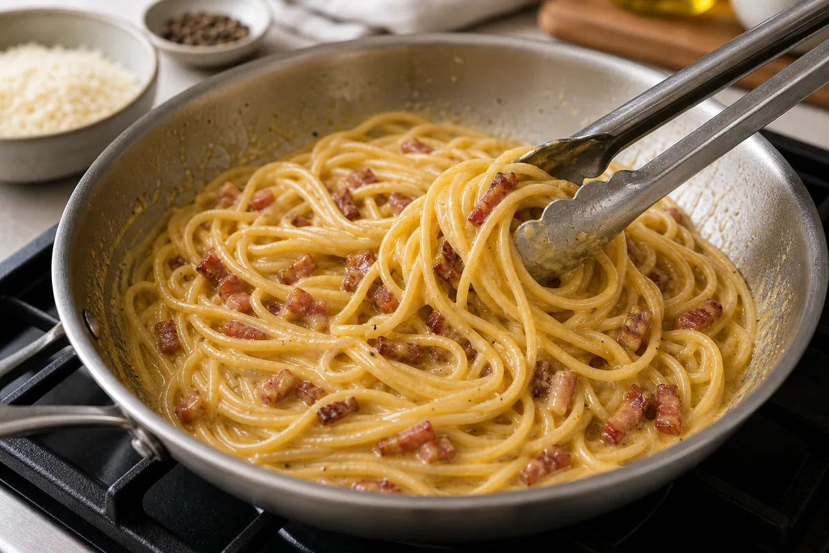 Se agrega agua de pasta a la salsa según sea necesario