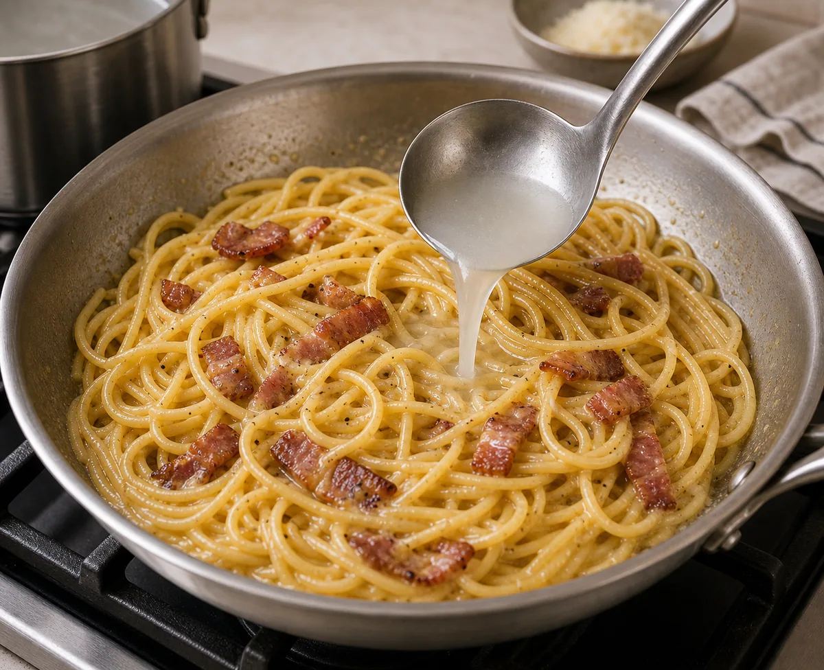 La carbonara se sirve inmediatamente con queso y pimienta.