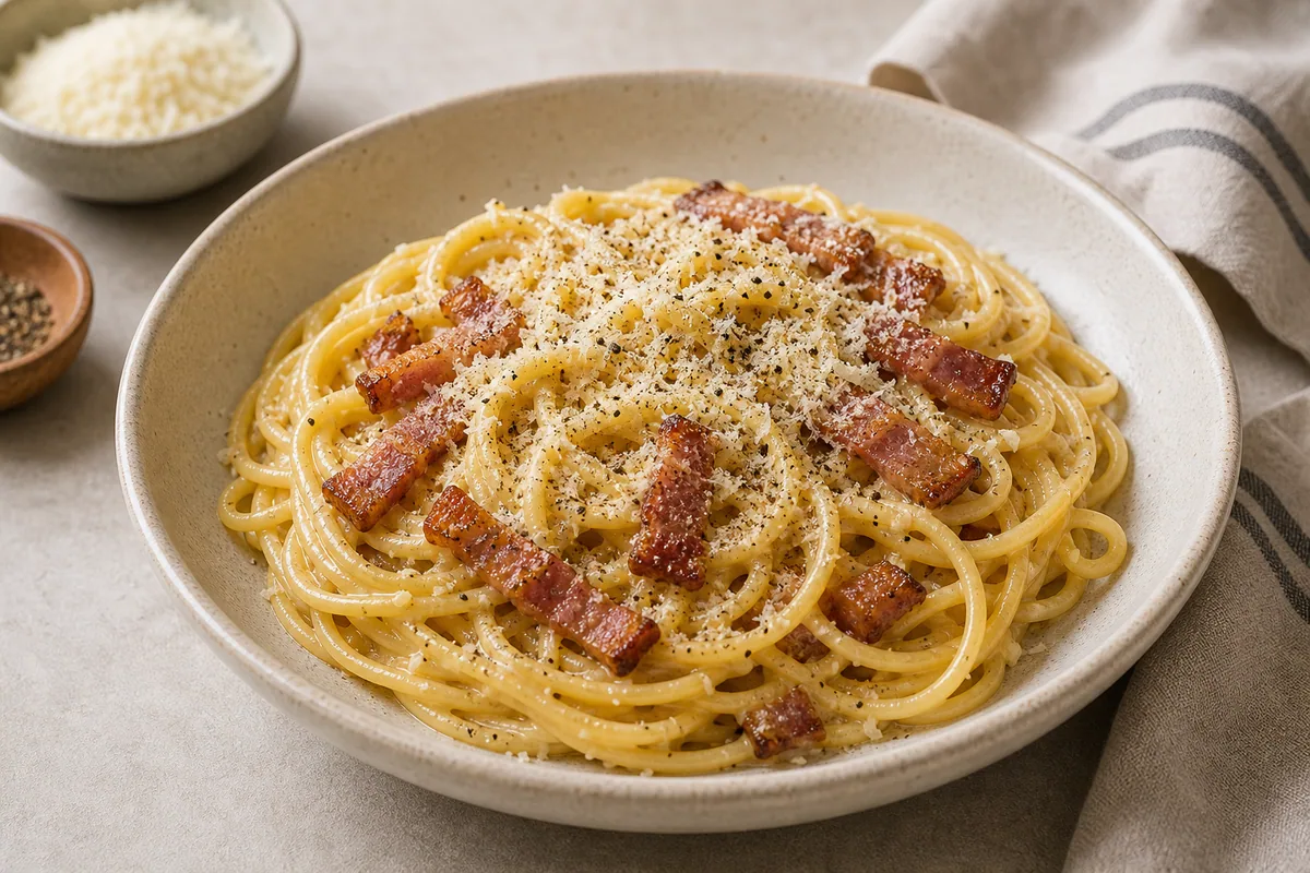 Carbonara paso 14: sirva la carbonara inmediatamente con el queso reservado y pimienta negra; calidad de libro de cocin
