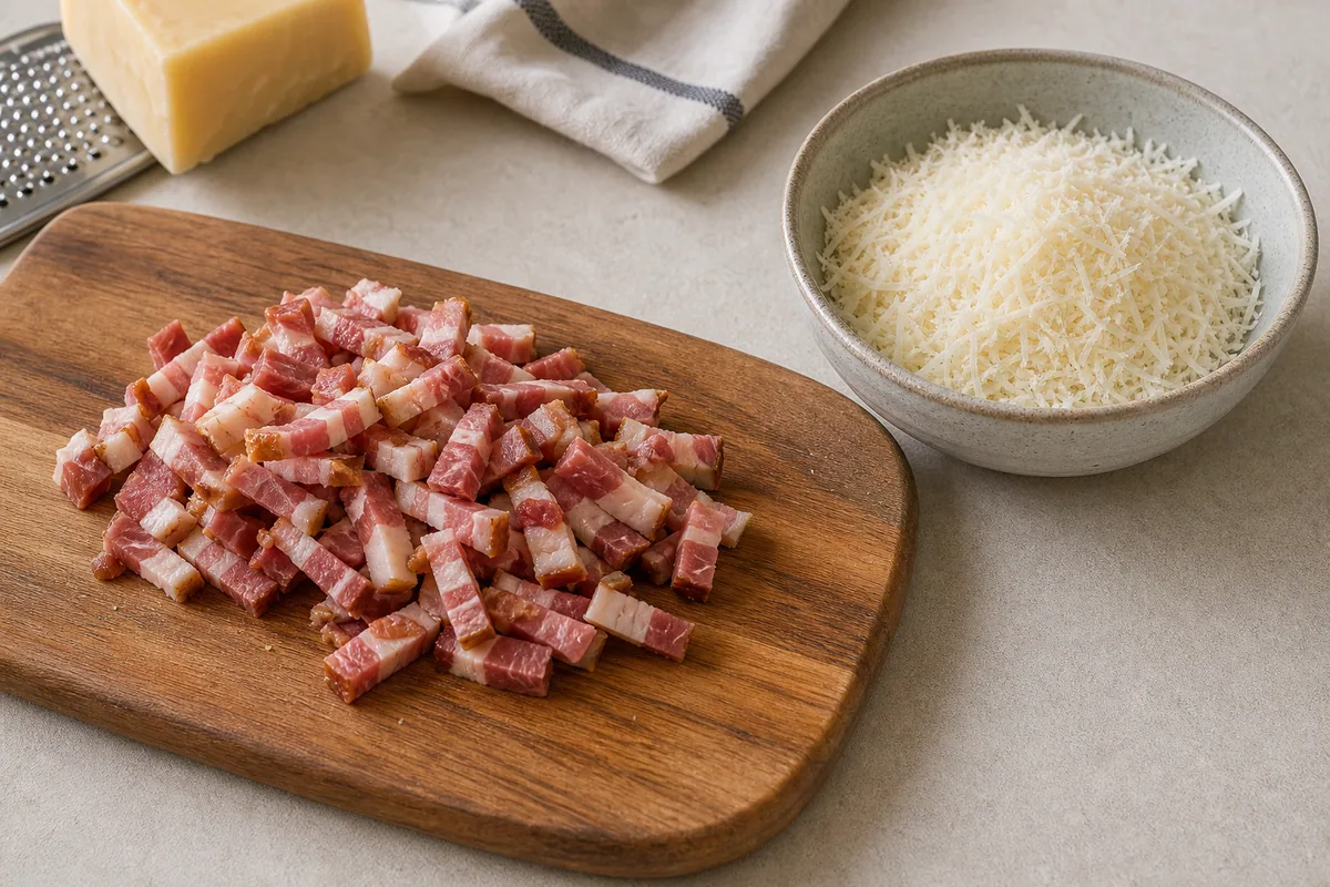 El tocino picado y los quesos rallados están listos.