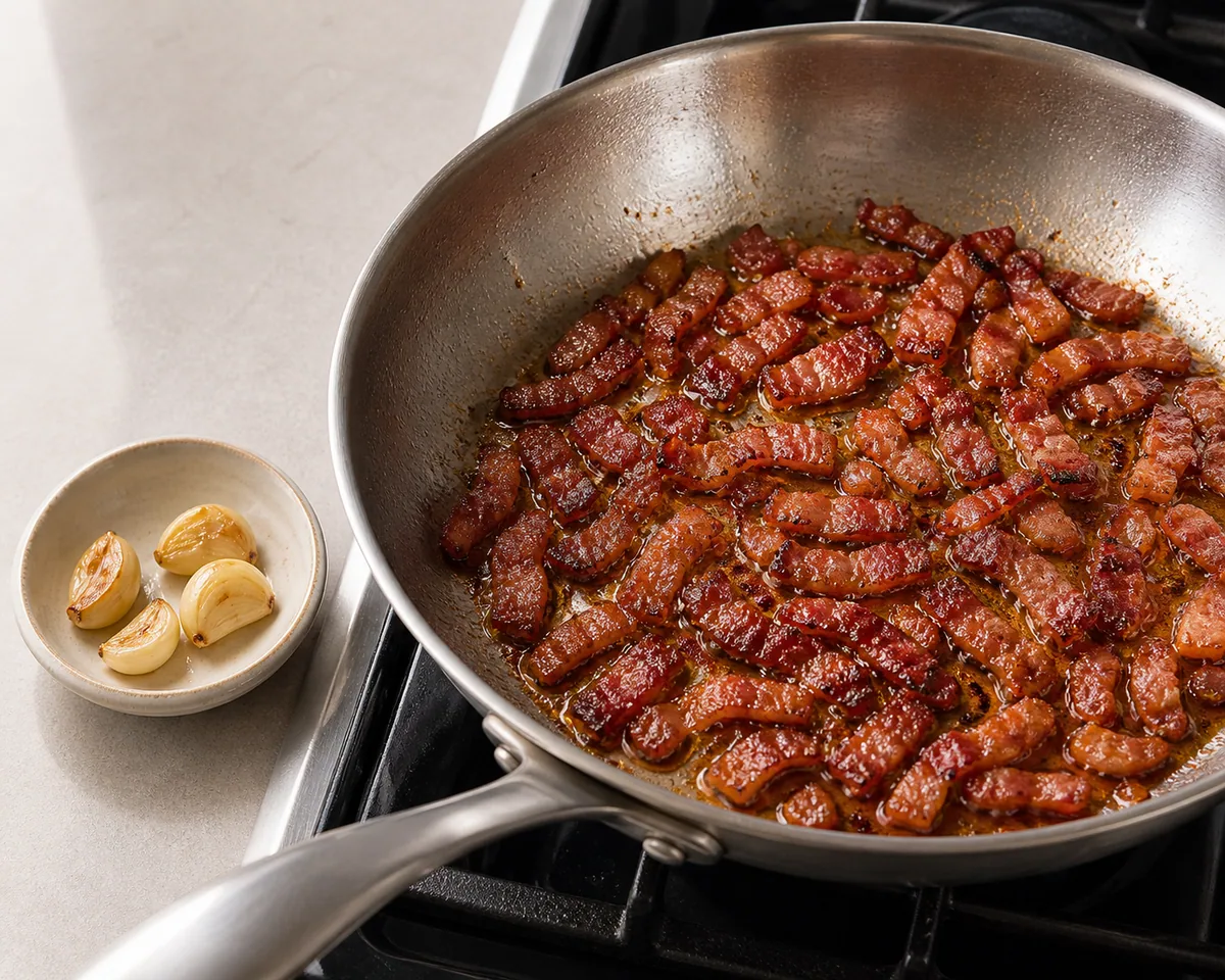 Los espaguetis cocidos se transfieren a la sartén con el tocino