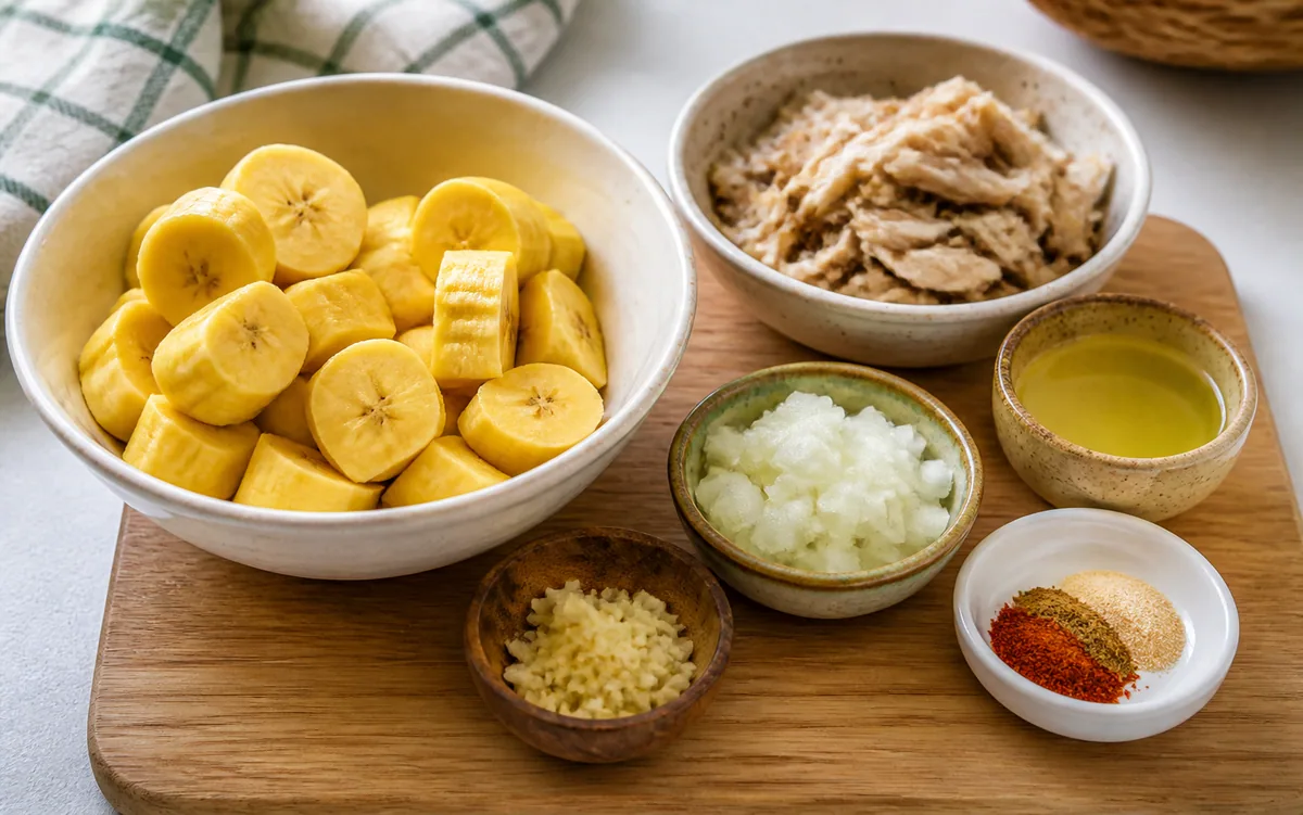 Banana slices and measured ingredients arranged on a cutting board