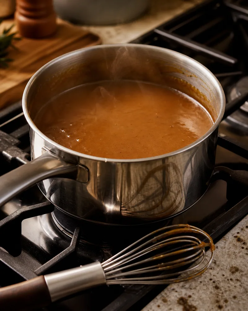 Brown gravy heating in a small pan