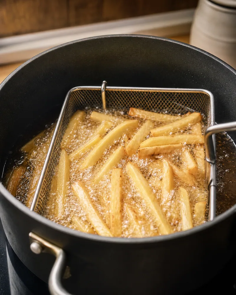 French fries frying in hot oil
