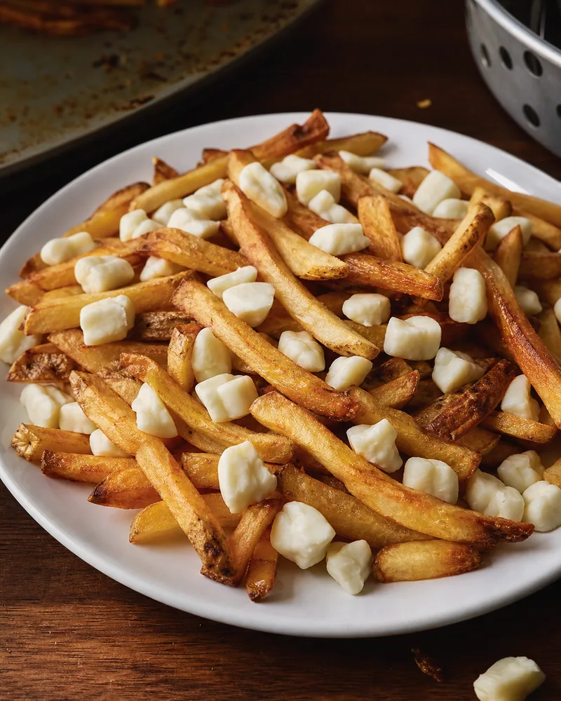 Cheese curds scattered over French fries