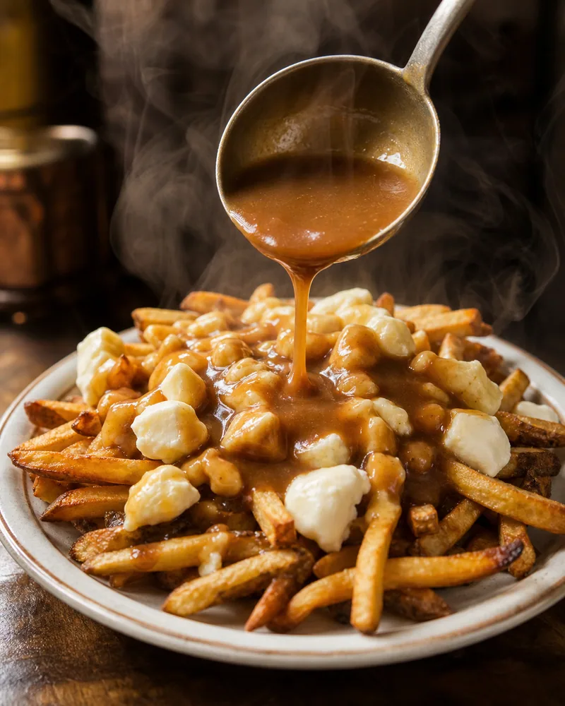 Hot gravy poured over poutine