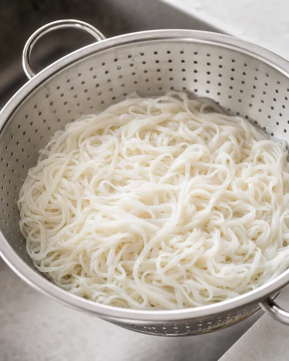 Fideos de arroz escurridos