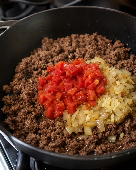 Начинка из говядины с луком, чесноком и помидорами на сковороде
