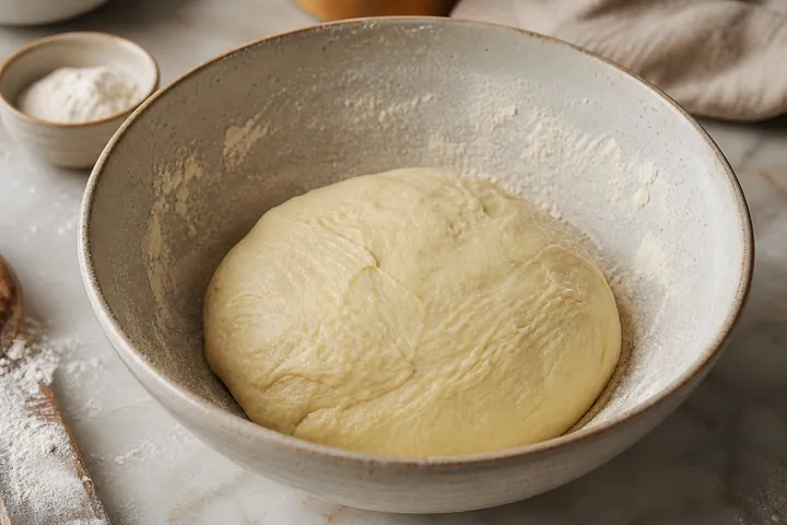 Smooth empanada dough kneaded in a bowl with flour dusting