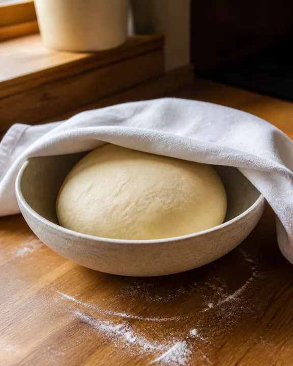 Covered empanada dough resting in a bowl
