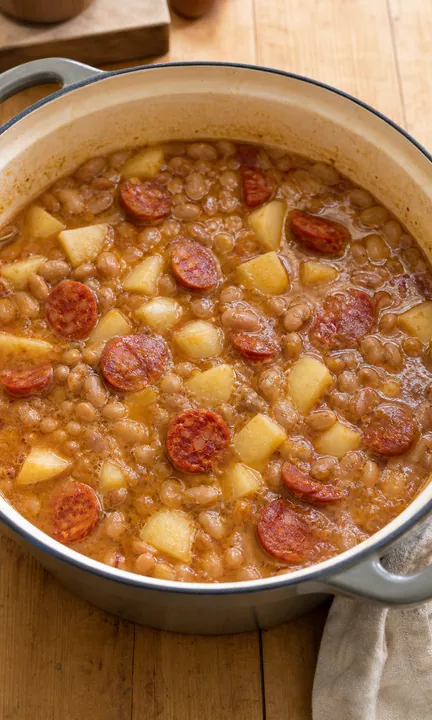 Patatas y chorizo añadidos al guiso de alubias