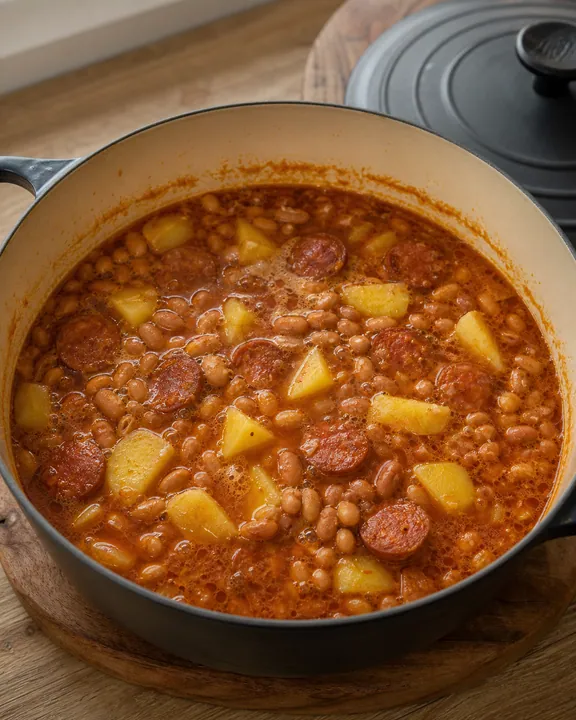 Alubias, patatas y chorizo cocinándose hasta estar tiernos