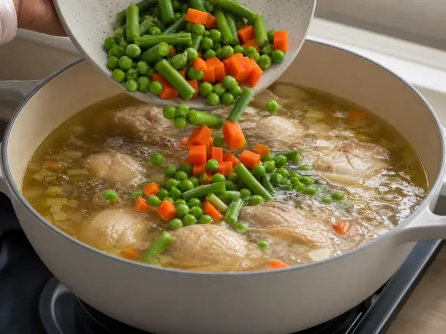 הוסיפו את הגזר הקצוץ, האפונה ושעועית הירוקה.